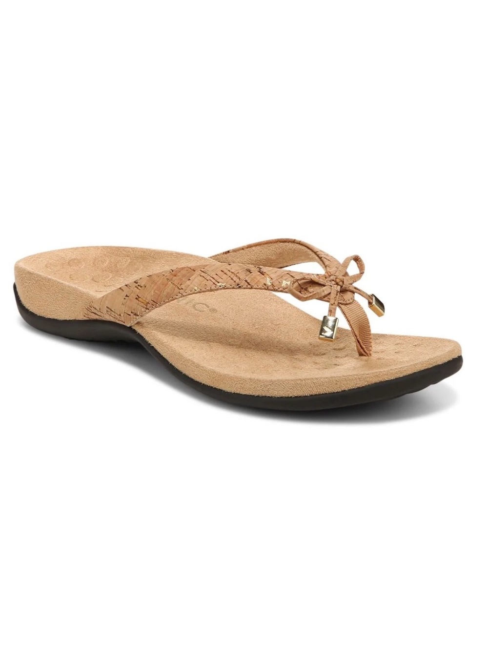 Vionic Bella Toe Post Sandals Sz 9 Taupe Cork Bow Orthotic Comfort